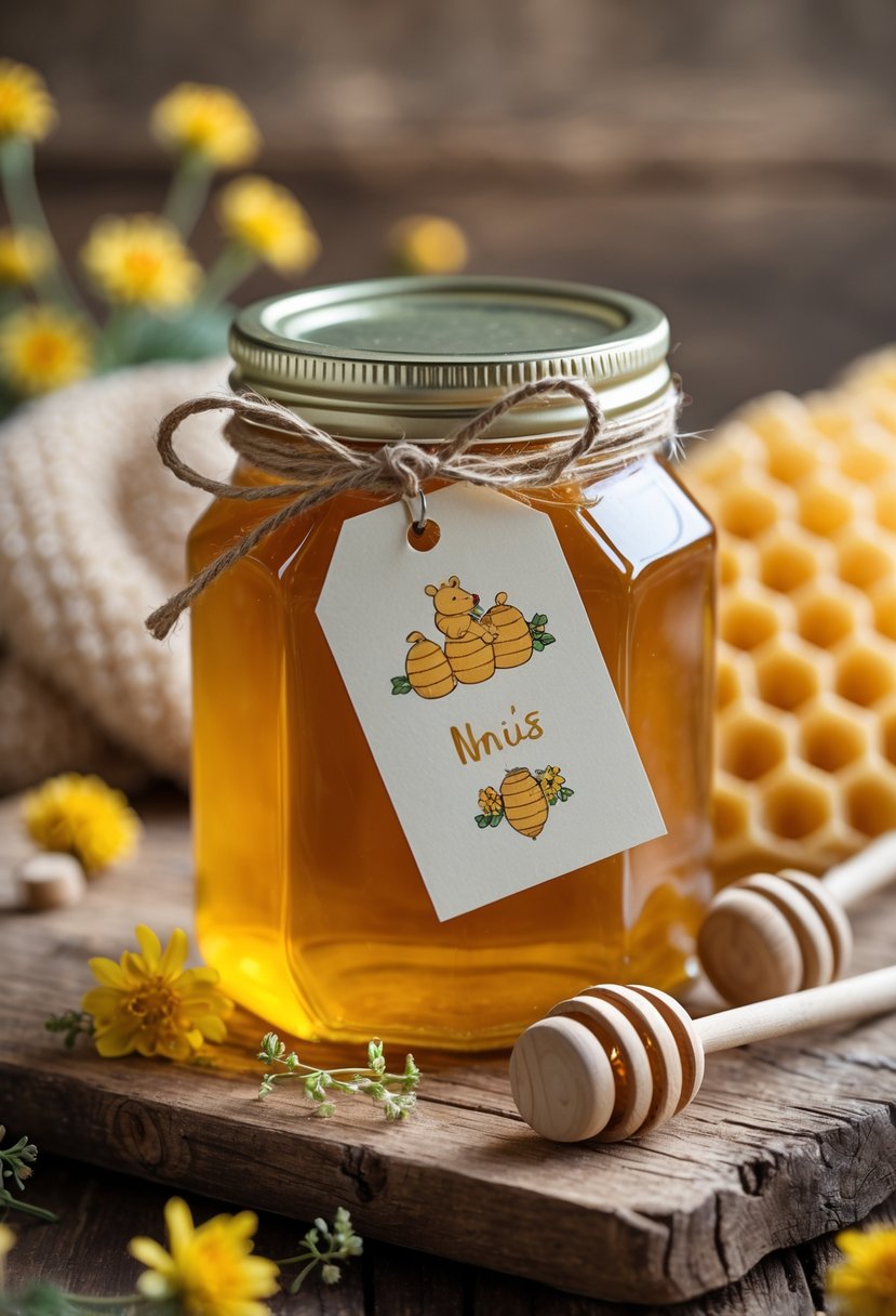 A jar of honey with a personalized tag on a wooden surface surrounded by honey dippers and yellow flowers.
