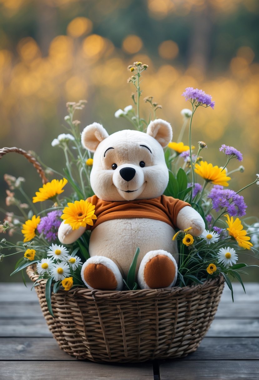 A rustic woven basket holding a Winnie the Pooh plush toy surrounded by colorful wildflowers.