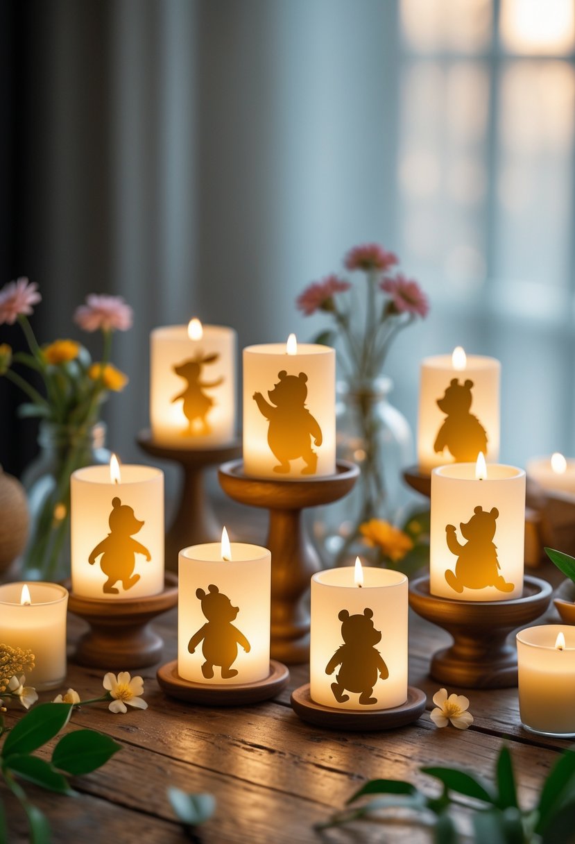 A set of 15 Winnie the Pooh silhouette candle holders arranged as a centerpiece on a wooden table with warm candlelight and small decorative flowers and leaves.