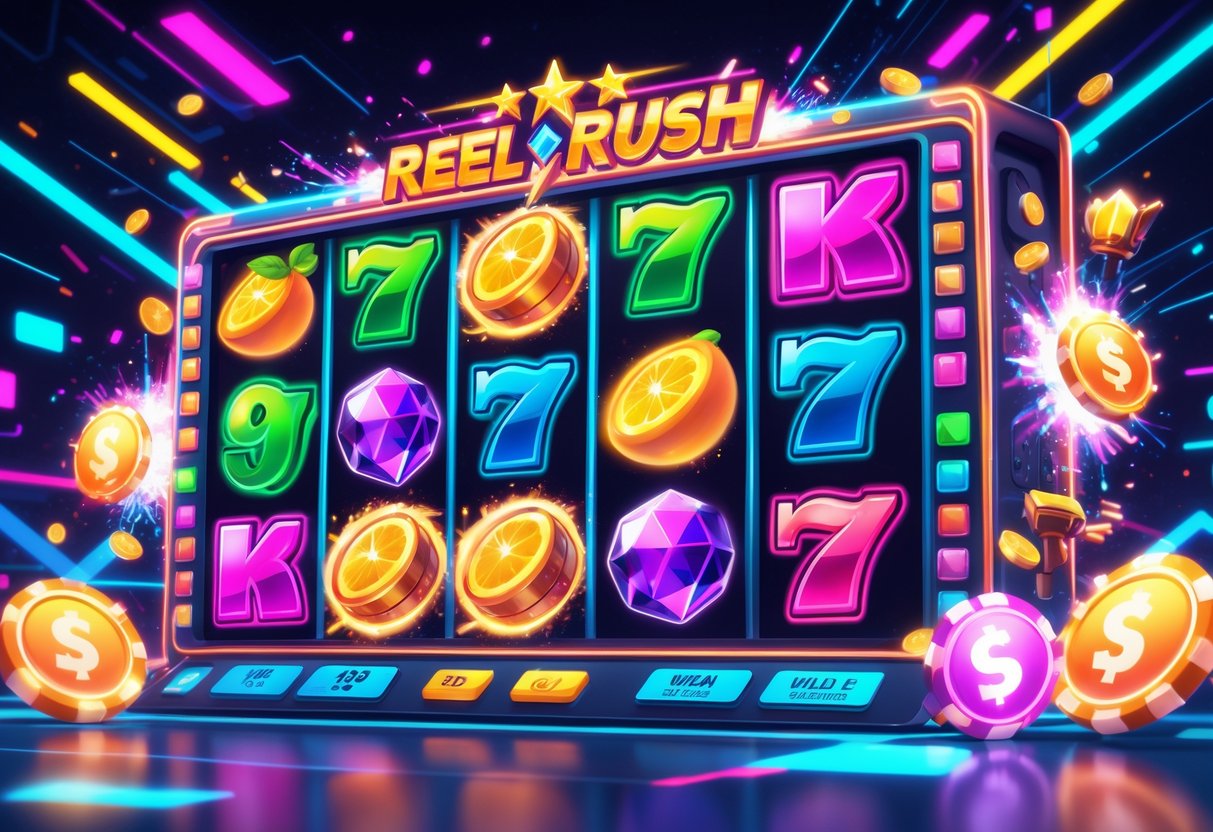 Ilustrasi mesin slot online yang berwarna-warni dengan gulungan berputar dan efek cahaya yang menandakan kemenangan besar.