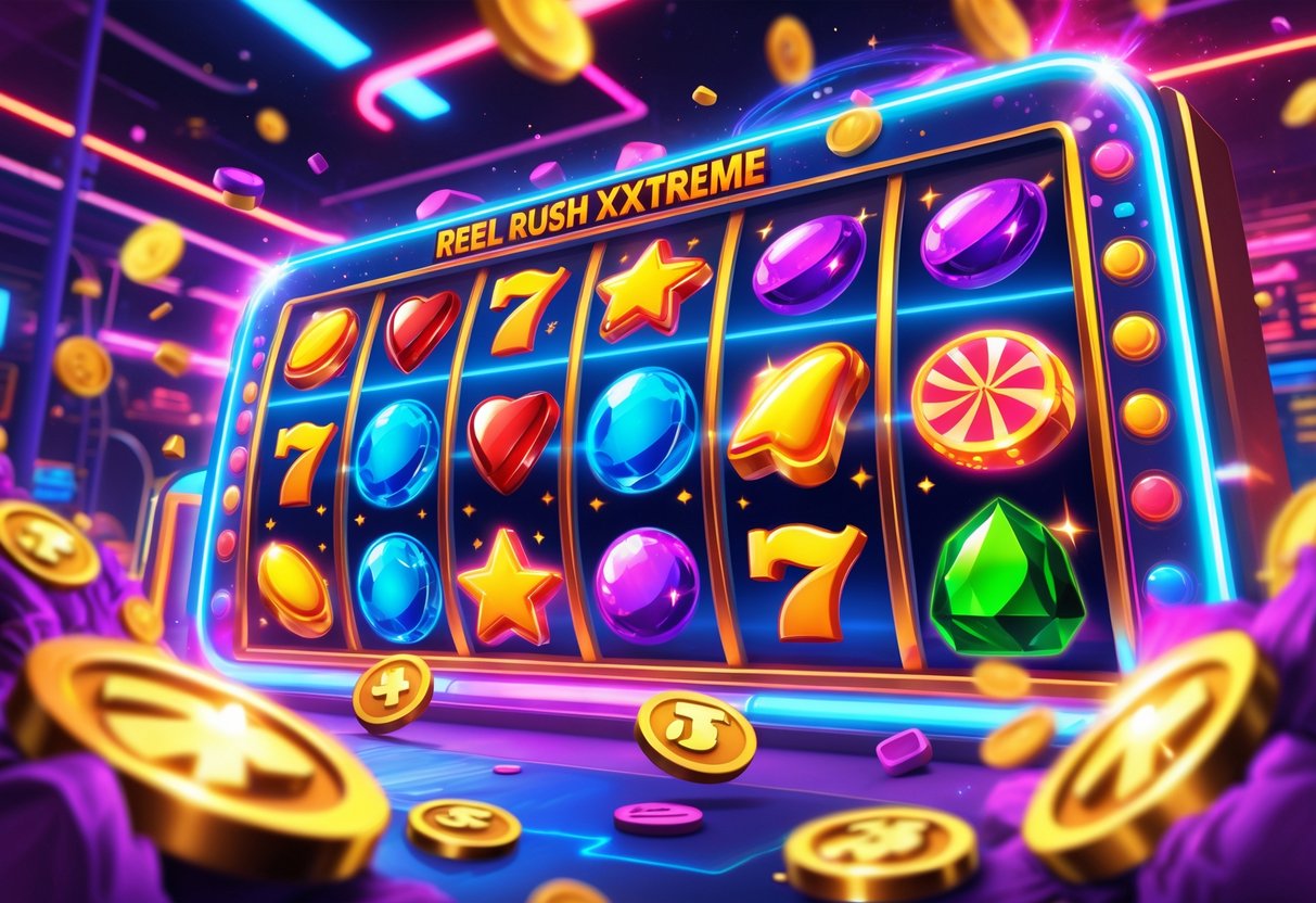 Ilustrasi penuh warna dari permainan slot online dengan gulungan berisi simbol buah, permata, dan bintang, dikelilingi oleh cahaya neon dan efek berkilau yang menggambarkan suasana kemenangan besar.