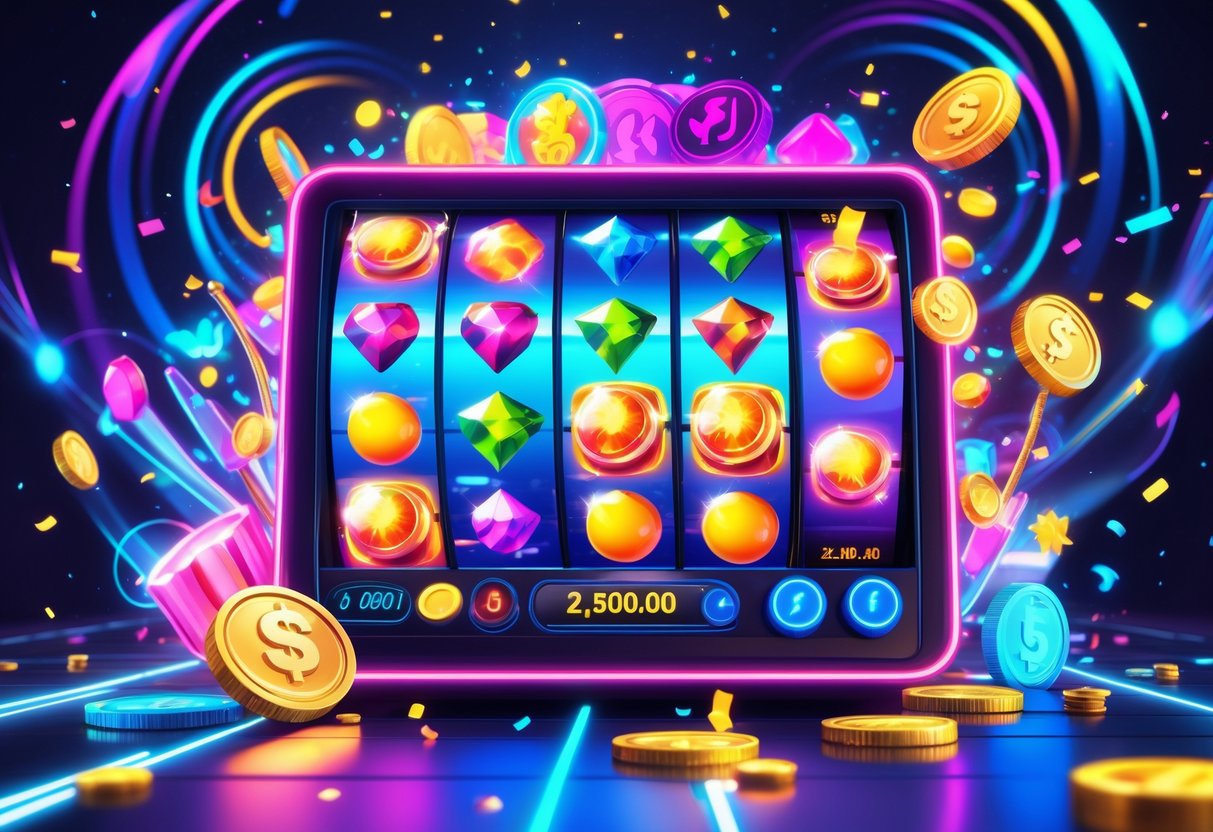 Ilustrasi mesin slot warna-warni dengan simbol buah dan permata, dikelilingi koin bersinar dan konfeti perayaan.