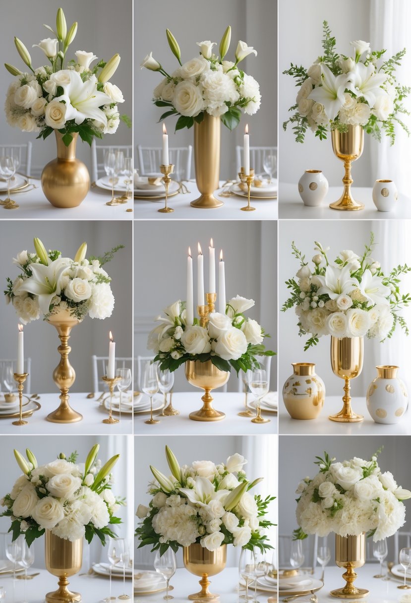 A table displaying sixteen elegant gold and white centerpiece arrangements with flowers, candles, and decorative accents.