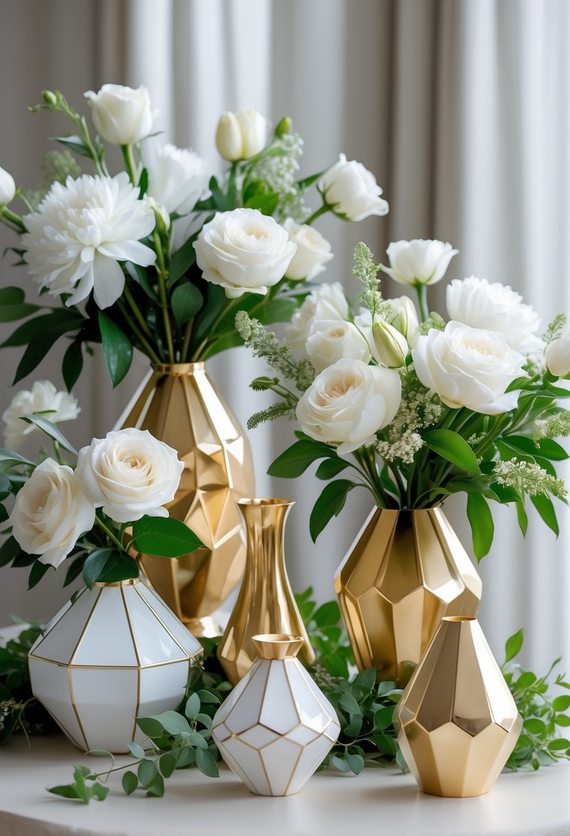 A group of gold and white faceted vases filled with white flowers arranged on a table.
