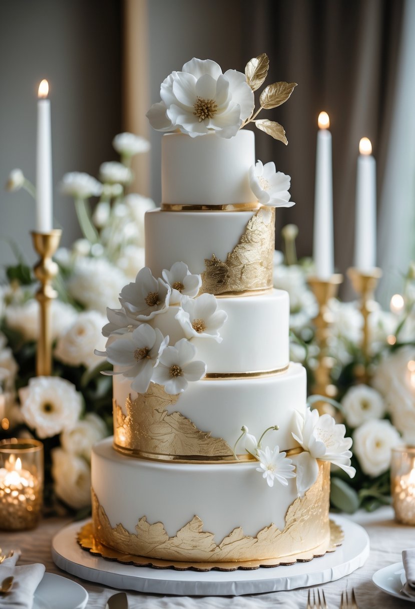 A multi-tiered white wedding cake decorated with gold leaf and sugar flowers on a table with gold and white floral centerpieces.