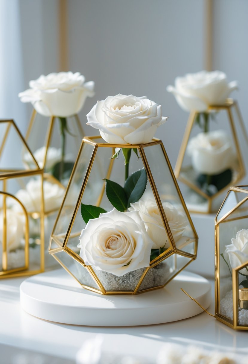 White roses arranged inside gold geometric terrariums on a white surface with decorative white and gold elements.