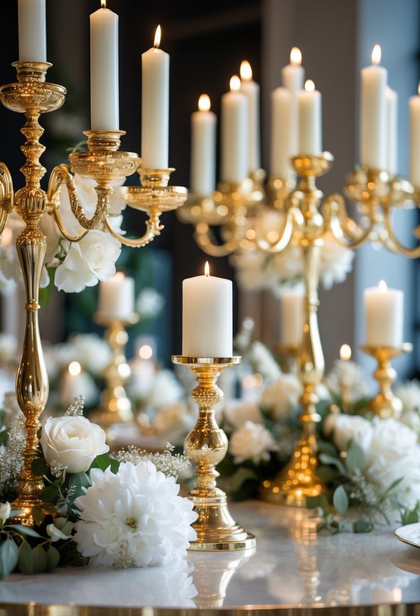 Gold candelabras with white candles arranged as elegant centerpieces on a table.