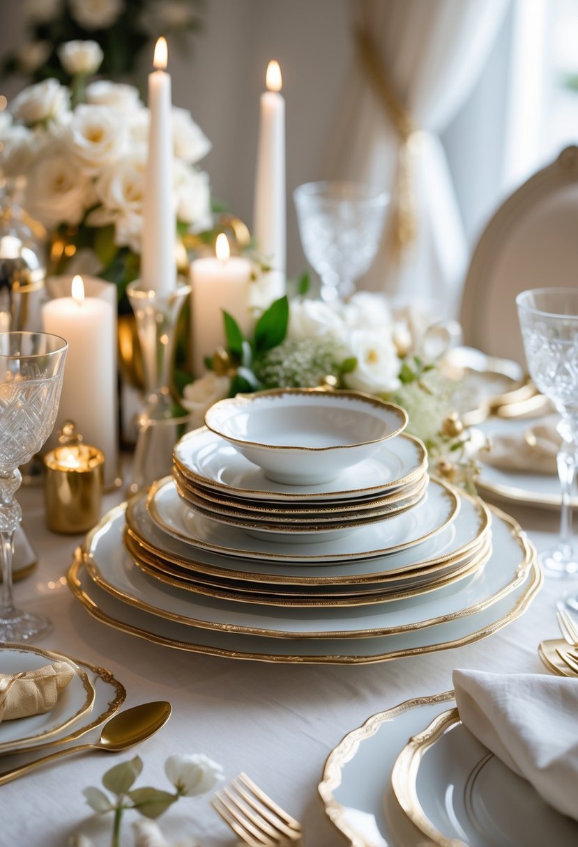 A table with stacked white porcelain plates featuring gold rims, surrounded by gold and white decorative items creating an elegant centerpiece.