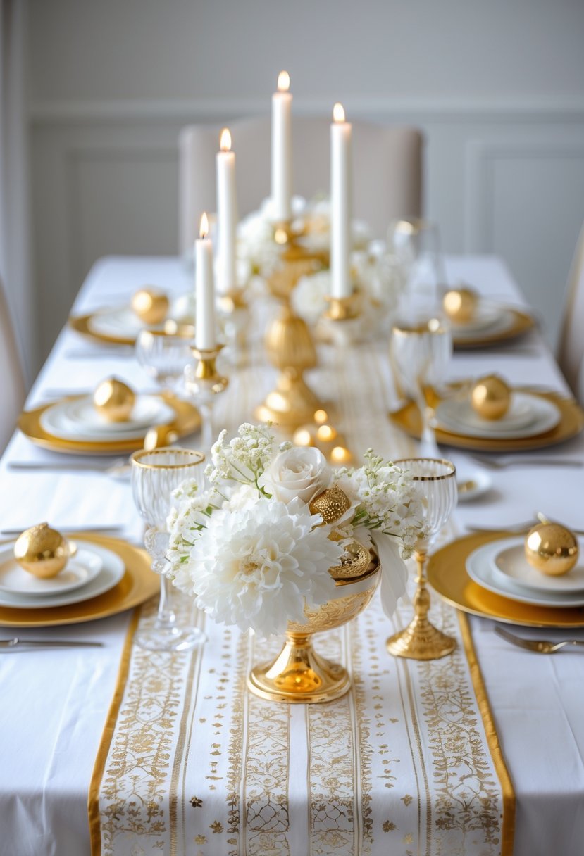 A dining table decorated with white and gold patterned runners and sixteen gold and white centerpieces including candles, flowers, and decorative bowls.