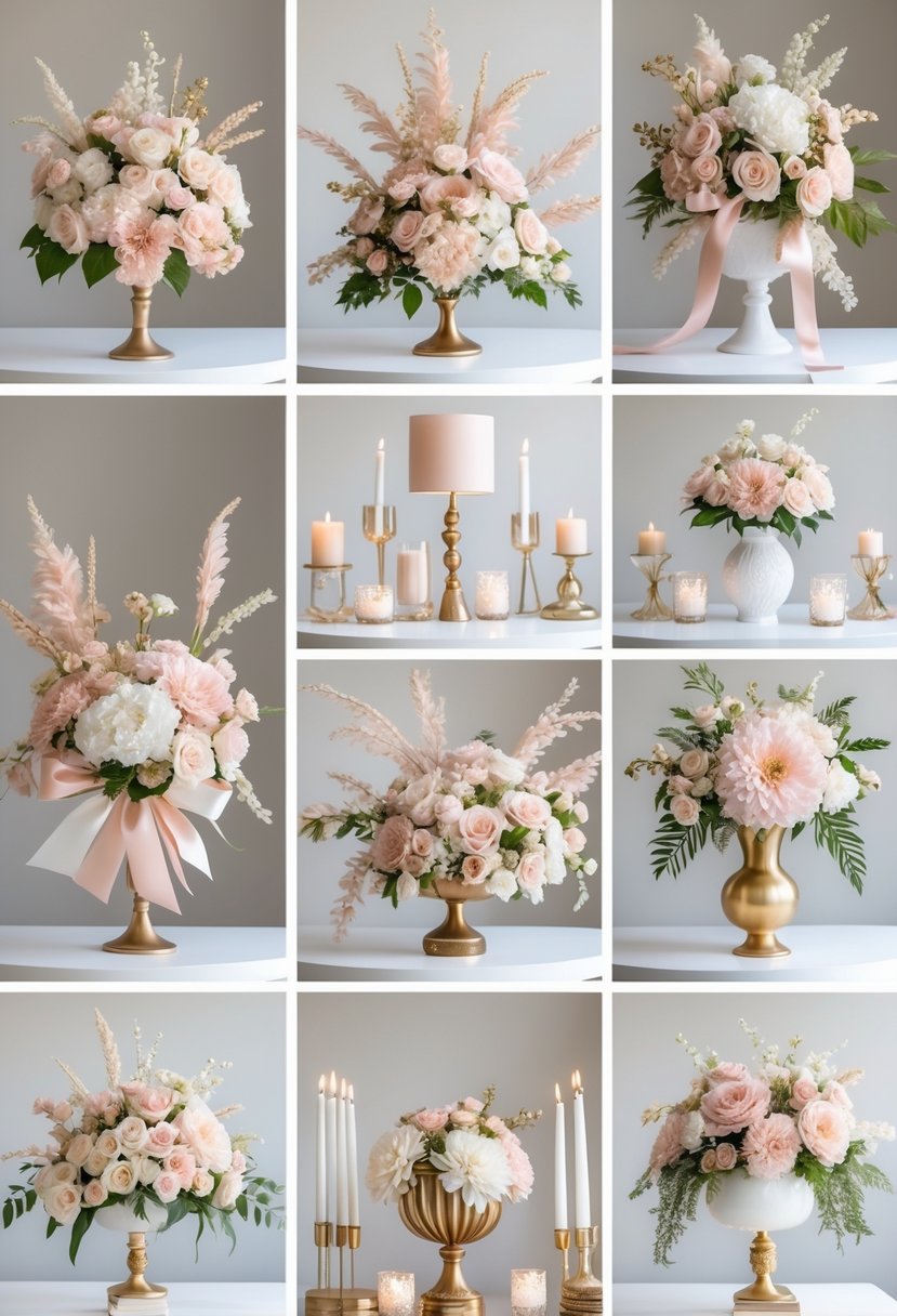 A display of sixteen elegant centerpieces featuring blush pink ribbons and gold accents on white and gold decorations arranged on a white surface.