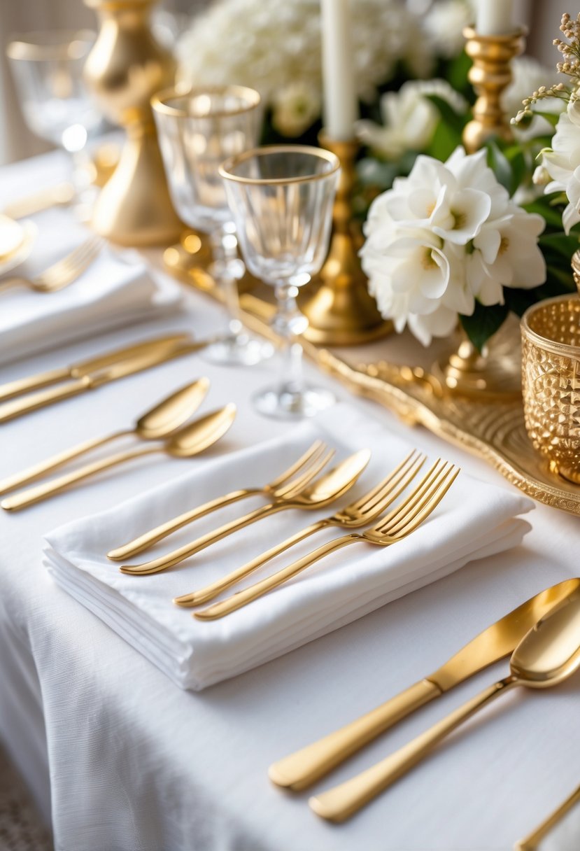 A table setting with gold flatware, white napkins, and a gold and white centerpiece.