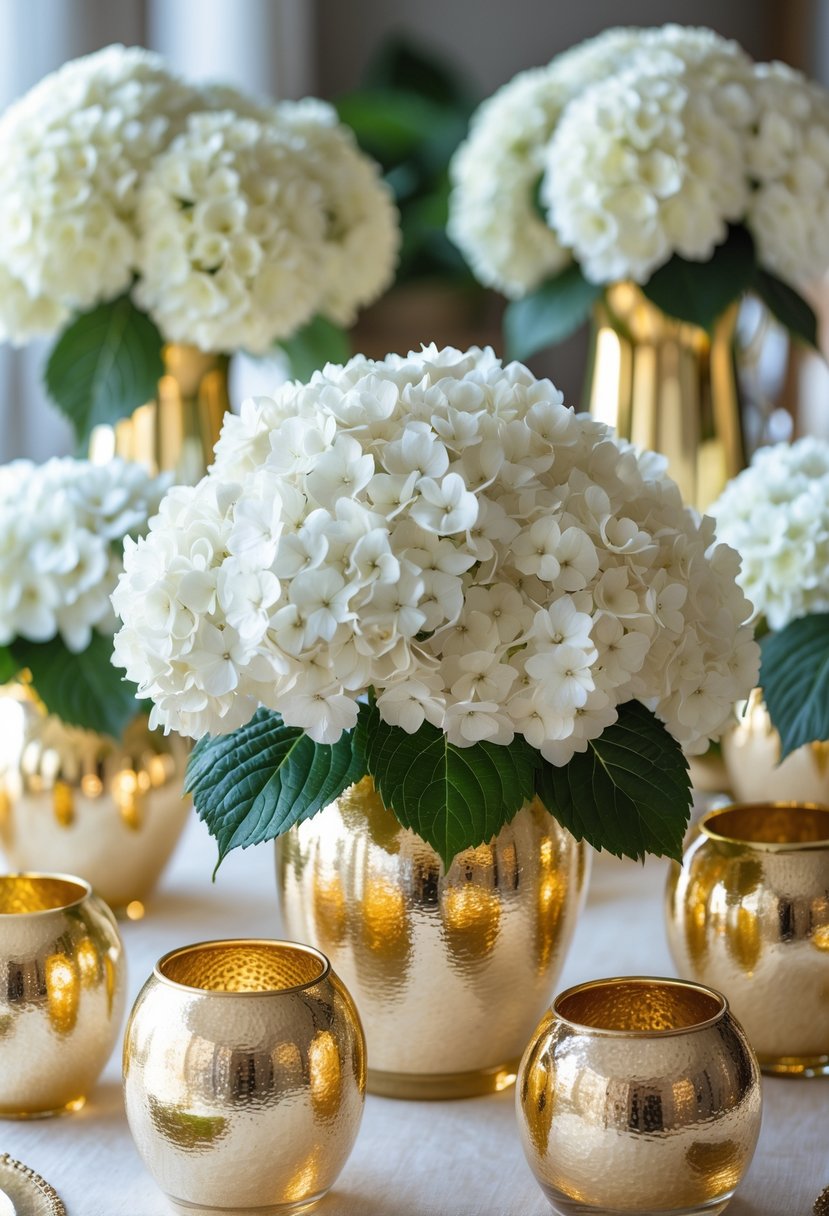 White hydrangea flowers arranged in gold mercury glass vases as elegant centerpieces.