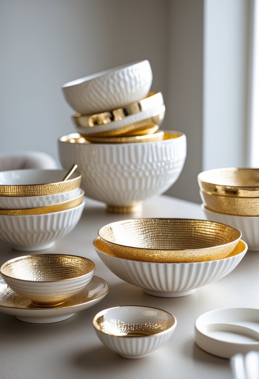 A collection of gold and white textured ceramic bowls arranged together on a neutral surface.