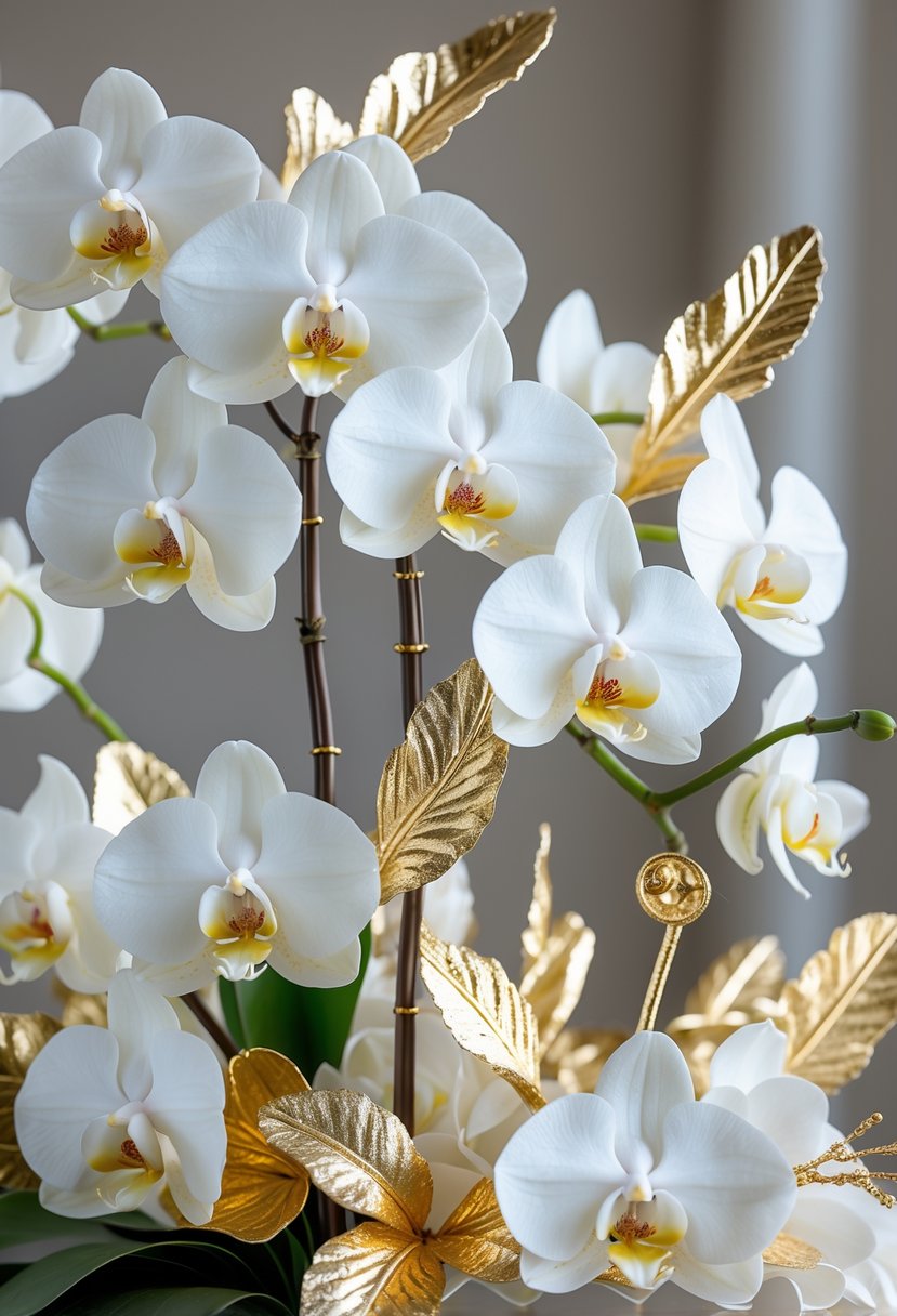 A centerpiece of white orchids decorated with gold leaf accents arranged with sixteen gold and white decorative elements on a neutral background.