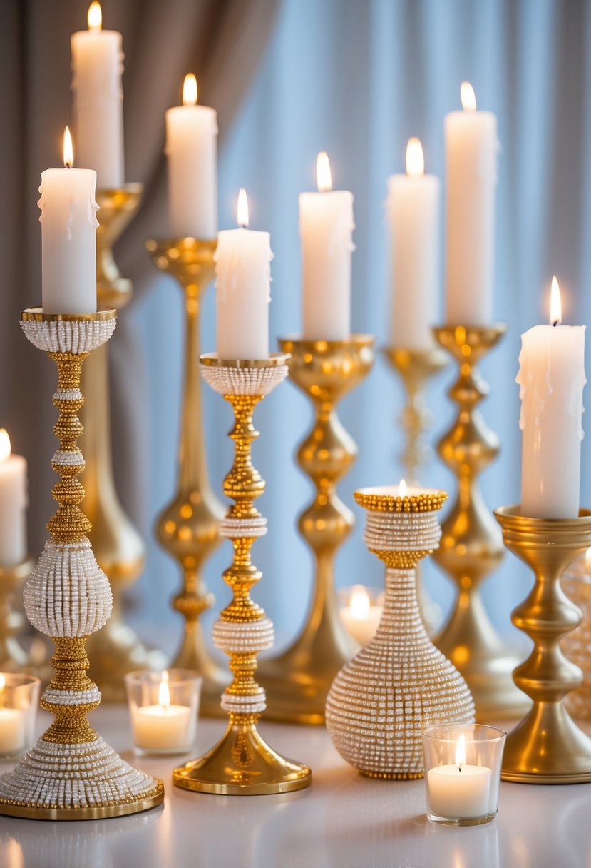 A collection of gold beaded candle holders with white candles arranged together as a centerpiece on a white surface.
