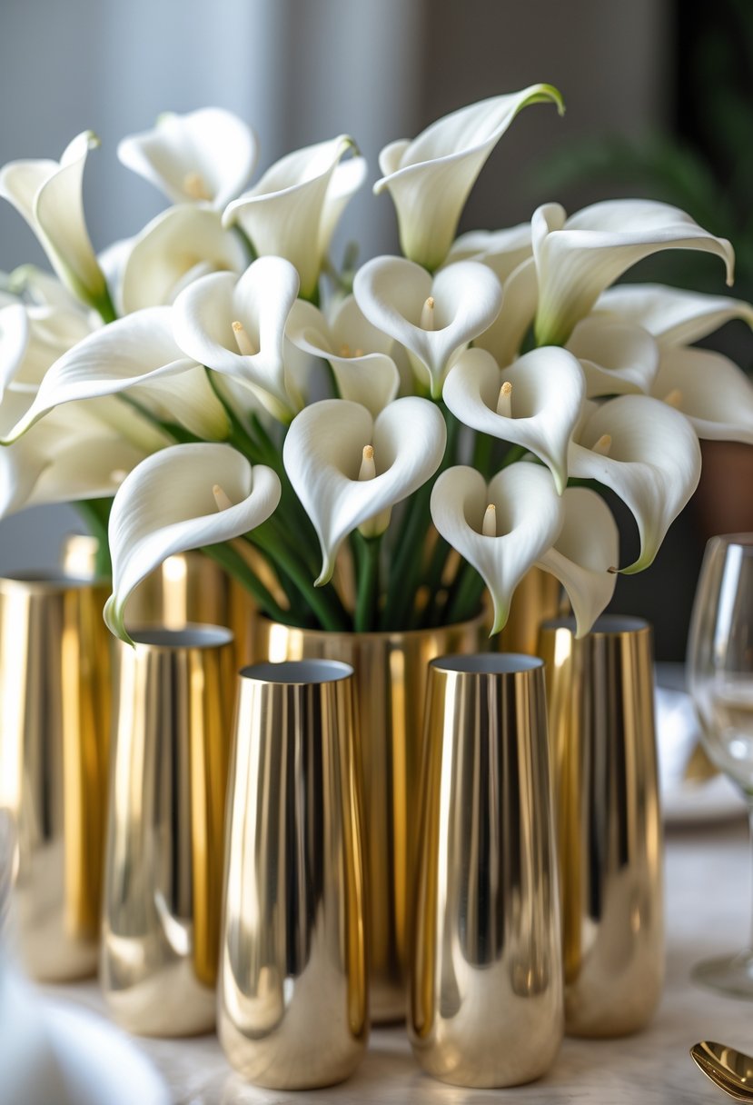 White calla lilies arranged in shiny gold cylindrical vases as a centerpiece.