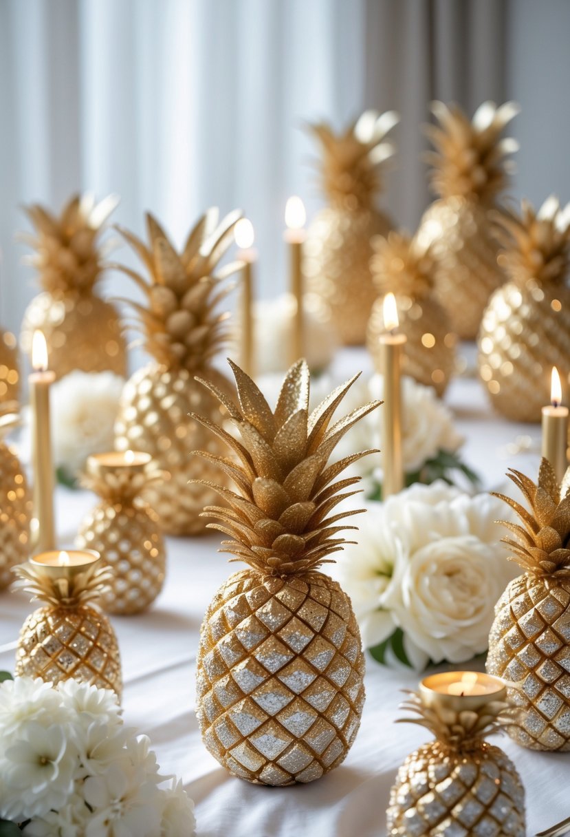 A table with gold glittered pineapple centerpieces surrounded by white flowers and candles.