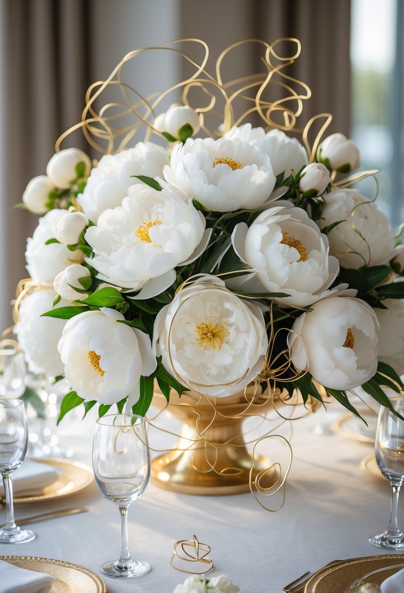 A floral centerpiece with white peonies and gold wire accents arranged elegantly on a table.