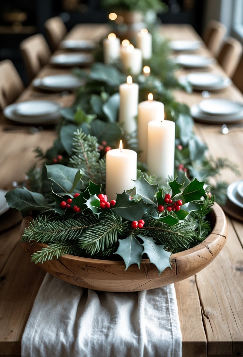 A rustic wooden bowl filled with seasonal greenery and white candles on a long dining table.