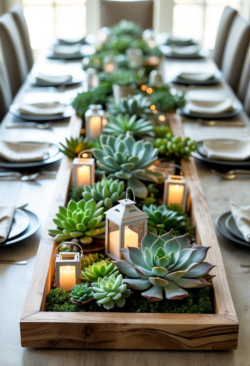 A long wooden tray with assorted succulents and small lanterns arranged as a centerpiece on a large dining table.