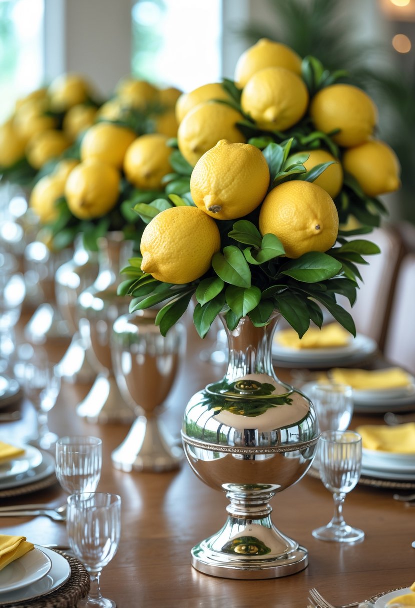 A long dining table decorated with ceramic lemon topiaries and silver vases arranged as centerpieces.