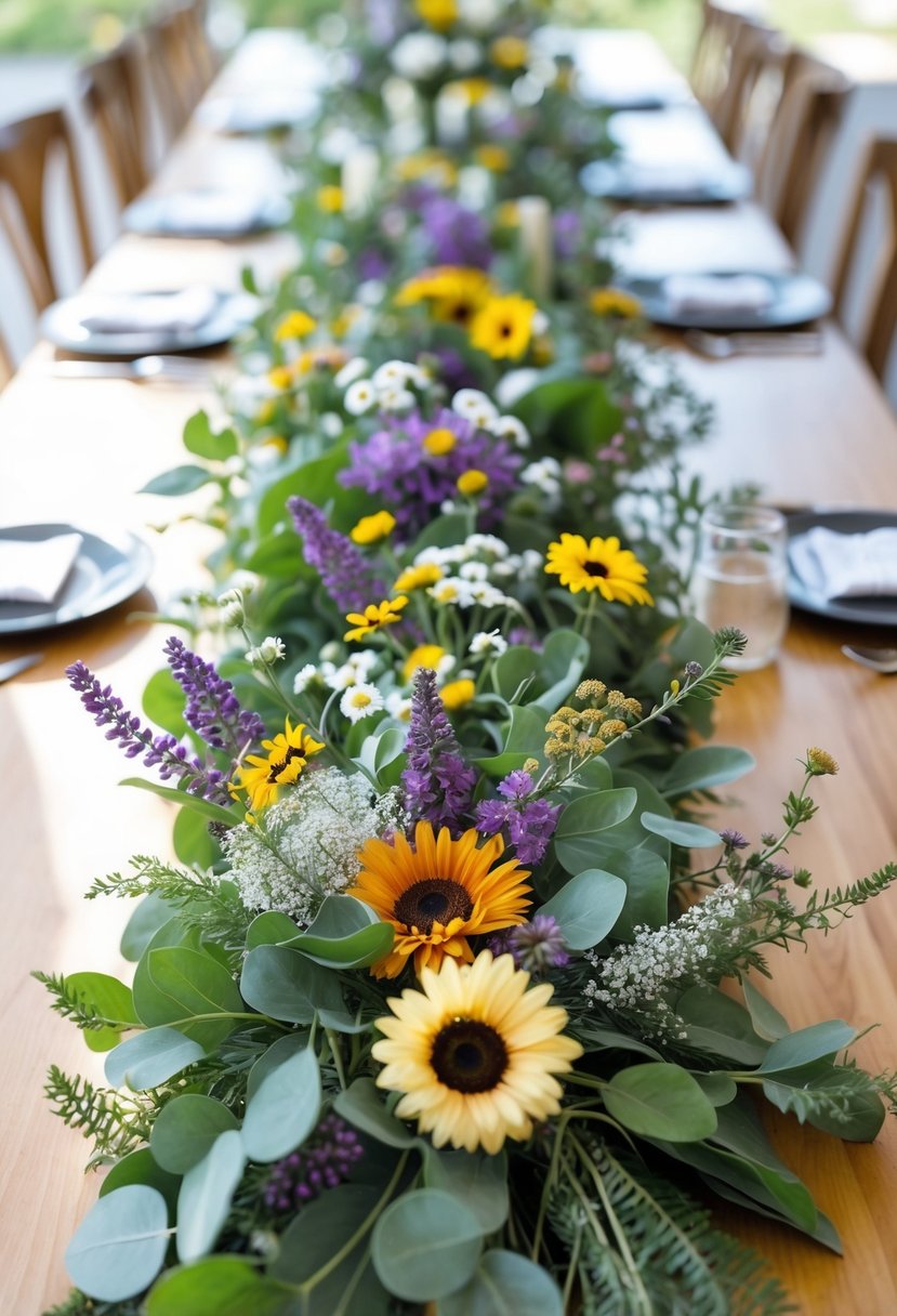 A long dining table decorated with a low-profile floral runner made of mixed wildflowers and greenery.