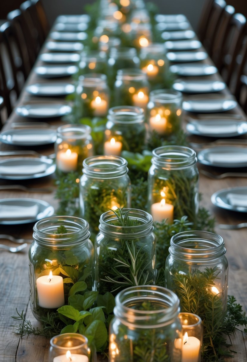 A long dining table decorated with clustered mason jars filled with fresh herbs and small lit tea light candles.