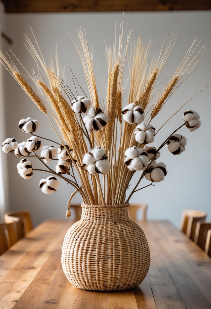 Woven basket filled with dried wheat and cotton stems on a long wooden dining table.