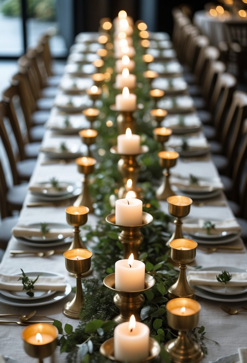A long dining table with evenly spaced antique brass candle holders holding lit votive candles as a centerpiece.