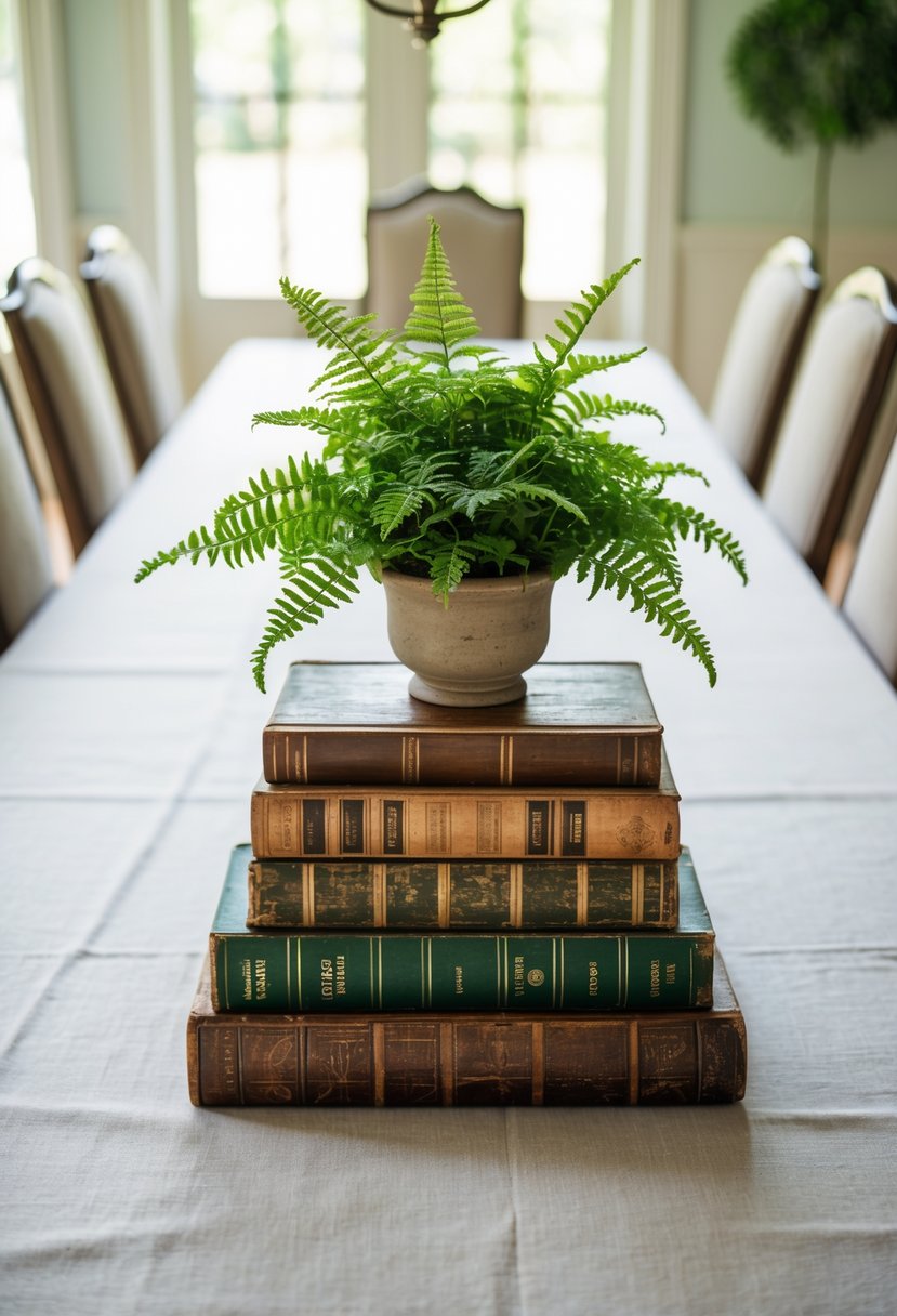 A long dining table with a centerpiece of stacked vintage books topped by a small potted fern.