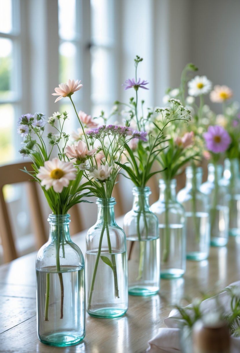 A long dining table with clear glass bottles, each holding a single wildflower stem arranged as a centerpiece.