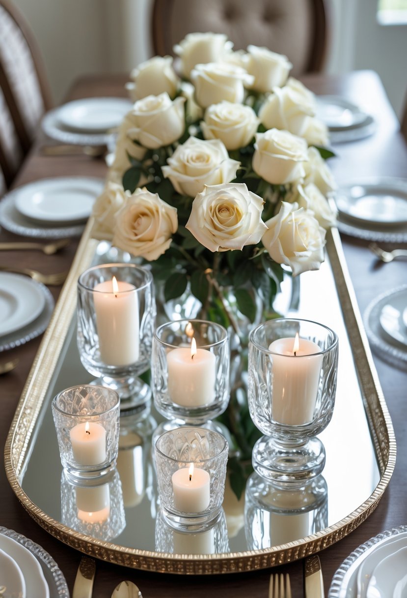 A long mirrored tray with crystal votive candle holders and white roses arranged as a centerpiece on a dining table.