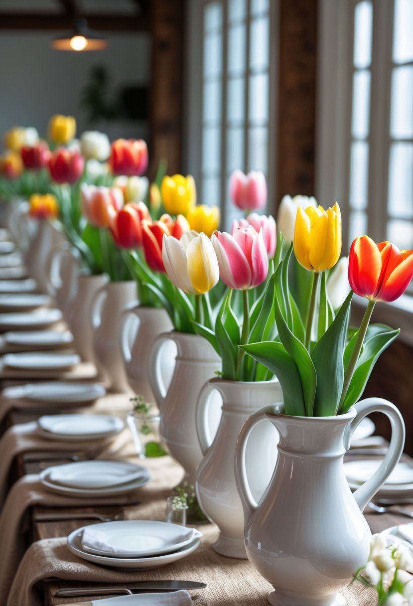 Long dining table with white ceramic pitchers filled with fresh colorful tulips arranged as centerpieces.