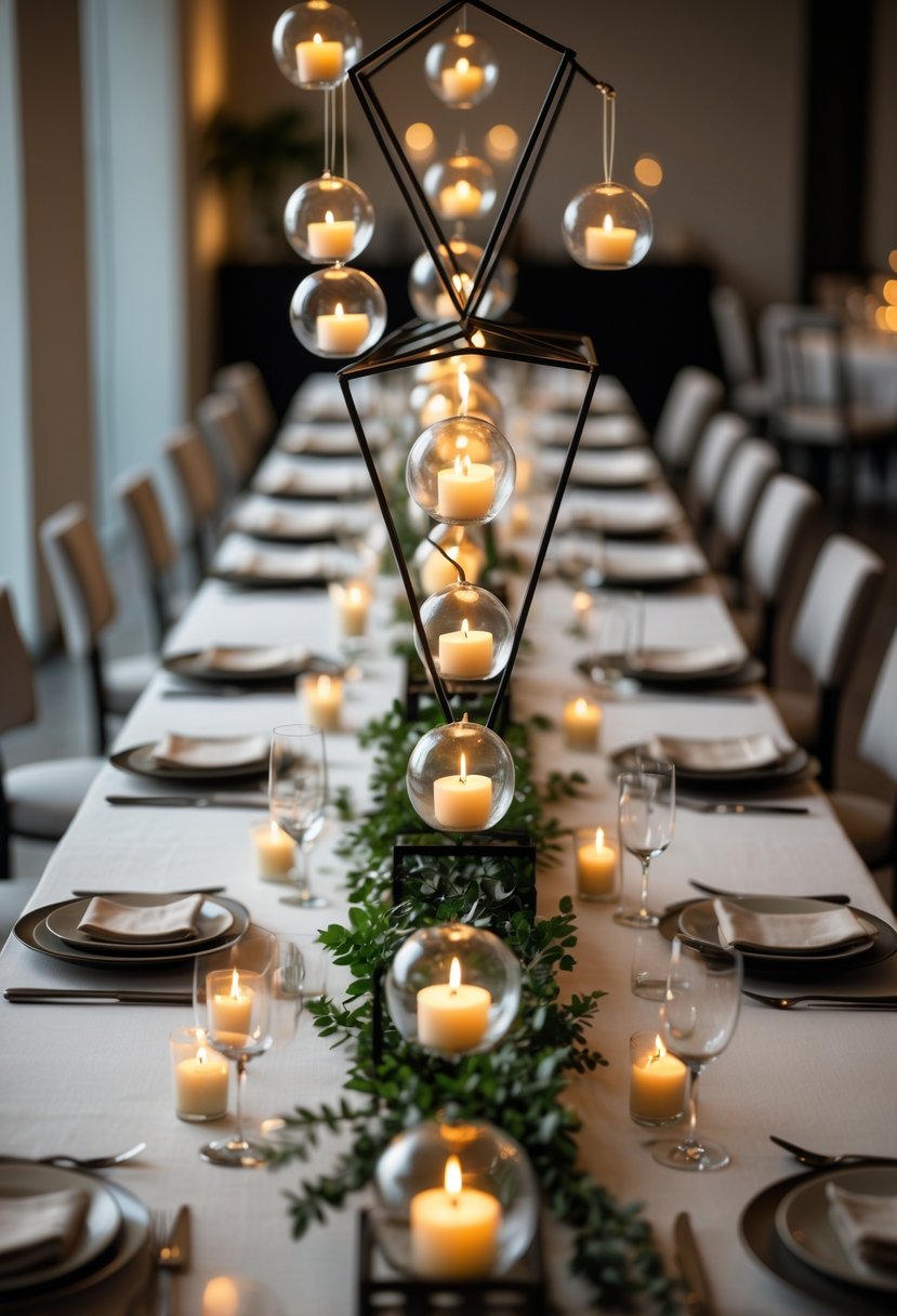 A long dining table with a geometric metal frame centerpiece holding hanging glass orbs with lit candles inside.