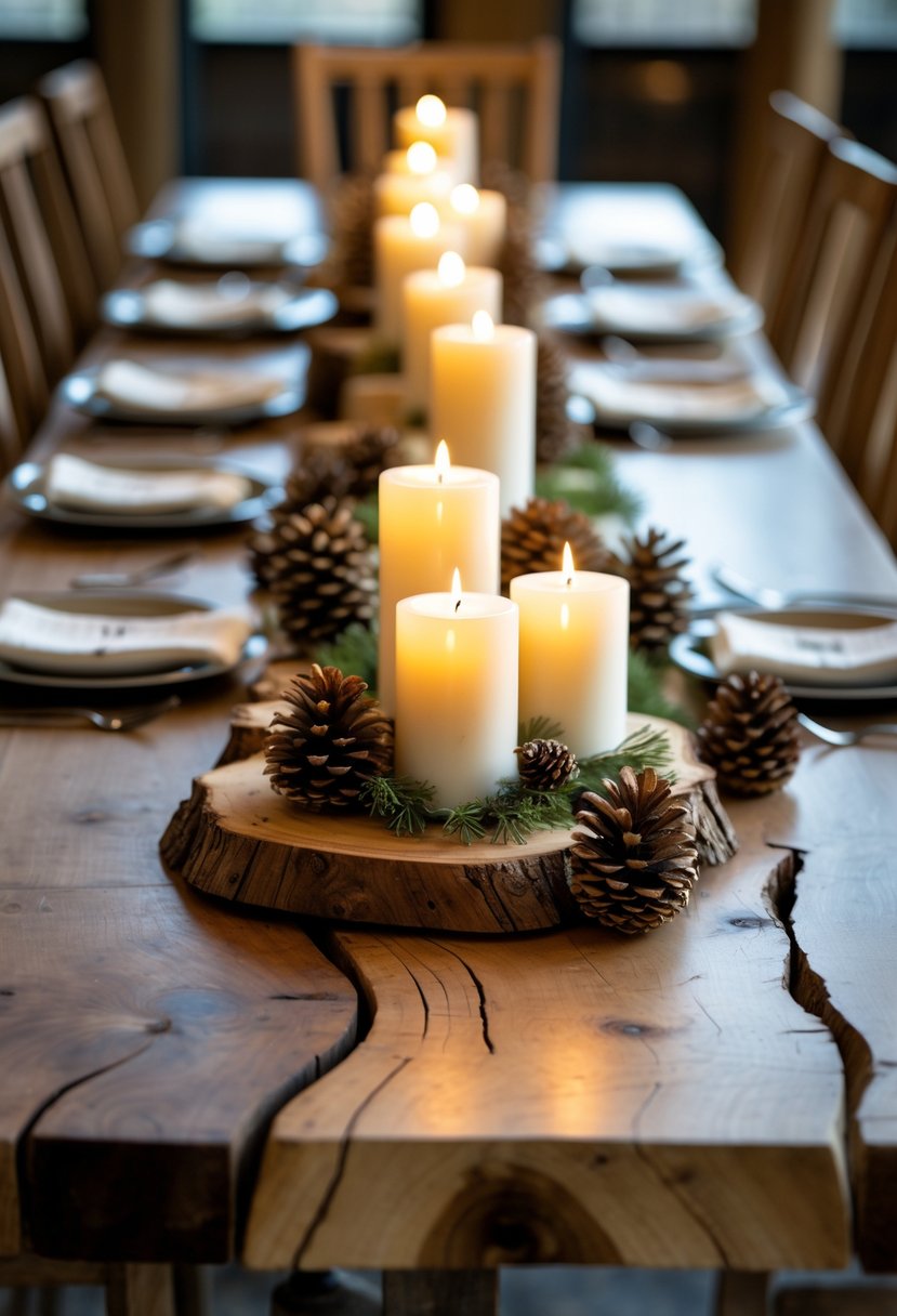 A long wooden dining table with a centerpiece of pillar candles and pine cones arranged on a natural wood slab.