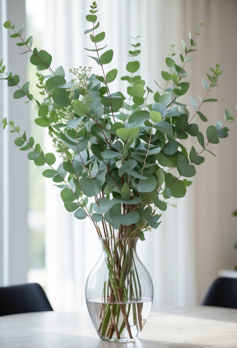 Long-stem eucalyptus branches in a clear glass vase on a dining table.