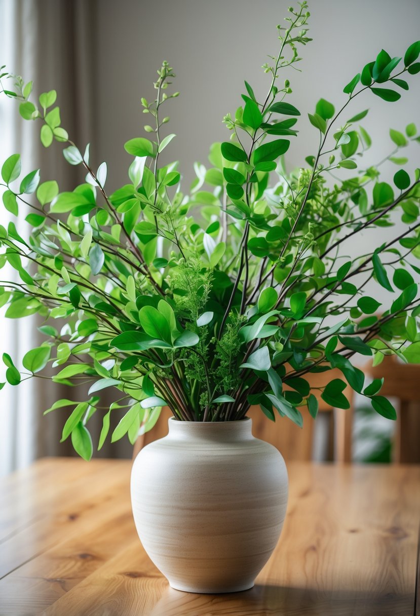 Ceramic vase filled with green leafy branches placed on a wooden dining table.