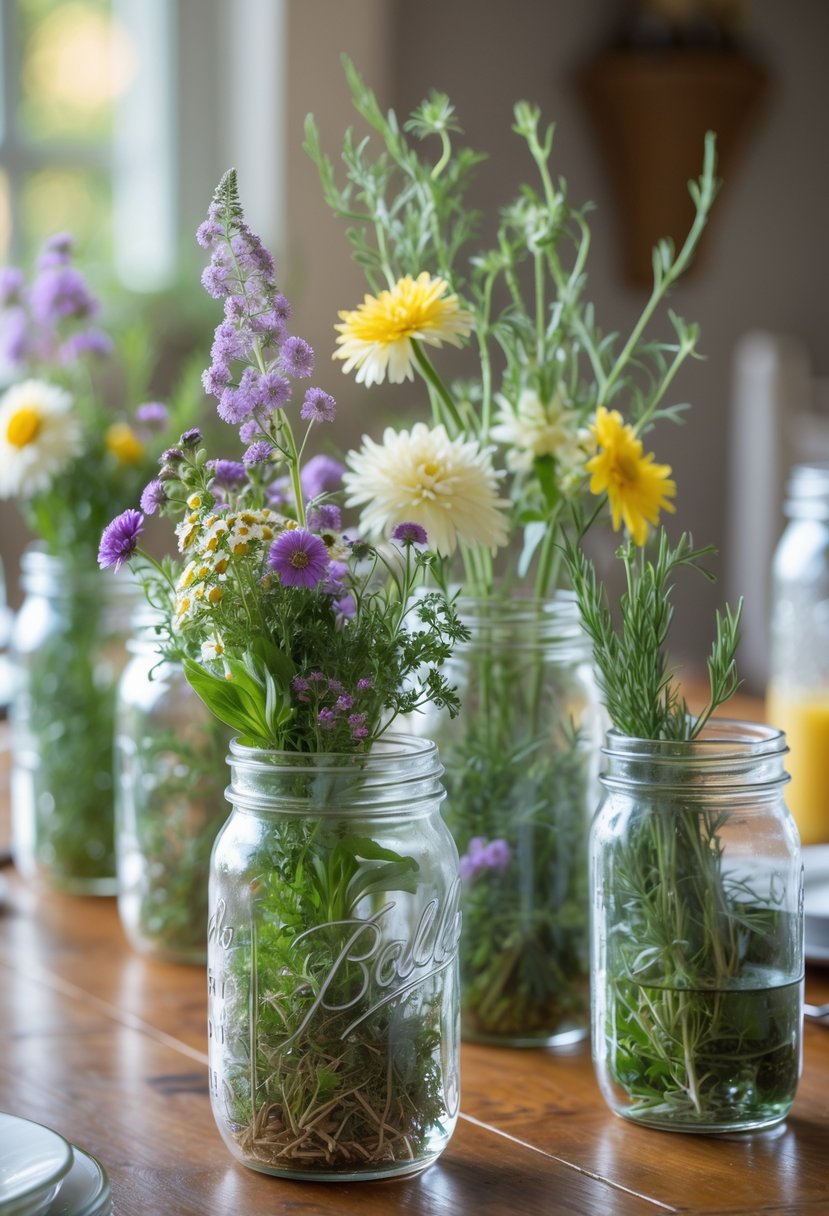 Mason jars filled with wildflowers and fresh herbs arranged as a centerpiece on a wooden dining table.