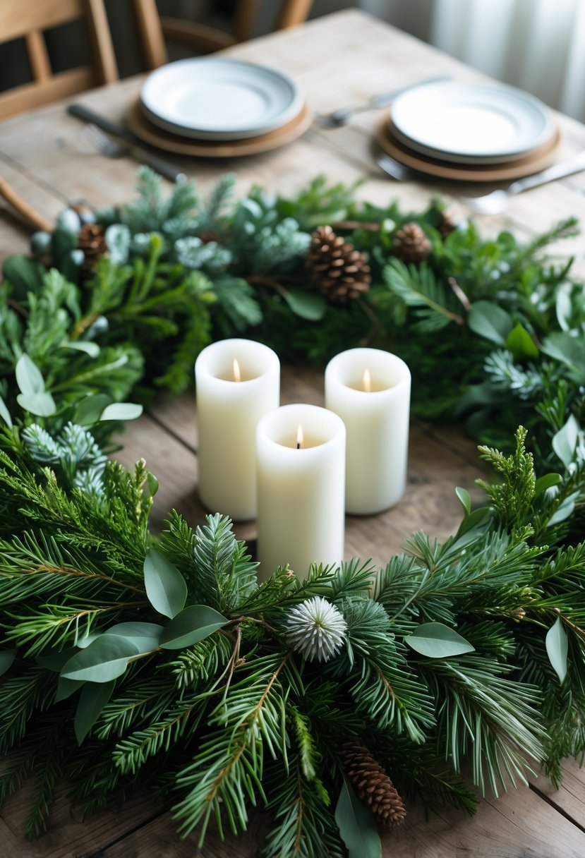 A fresh green evergreen wreath laid flat on a wooden dining table with three white pillar candles in the center.