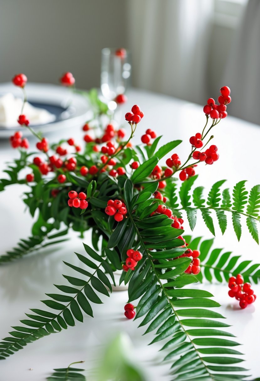 A delicate centerpiece of red berries intertwined with green fern leaves on a dining table.