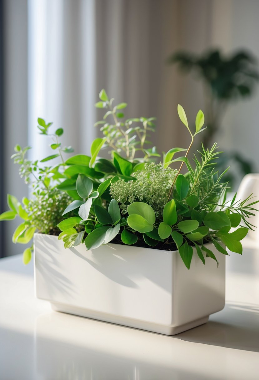 A fresh green plant arrangement in a white ceramic container on a dining table.