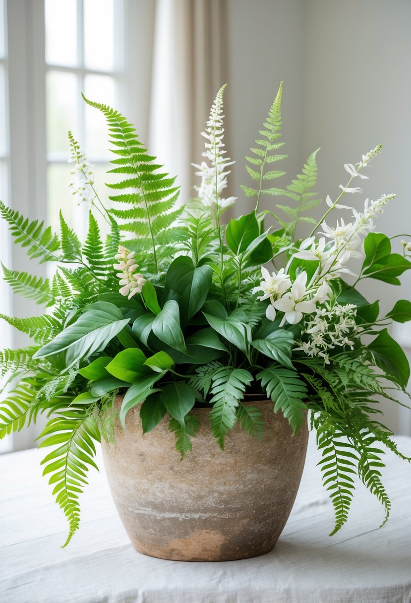 A rustic pot on a dining table containing mixed fern leaves and small white flowers.