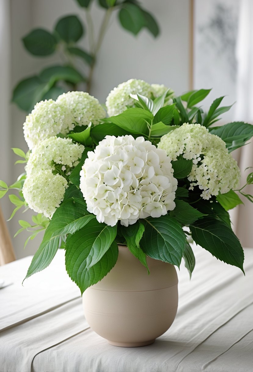 A beige vase holding a fresh arrangement of green leaves and white hydrangea flowers on a dining table.