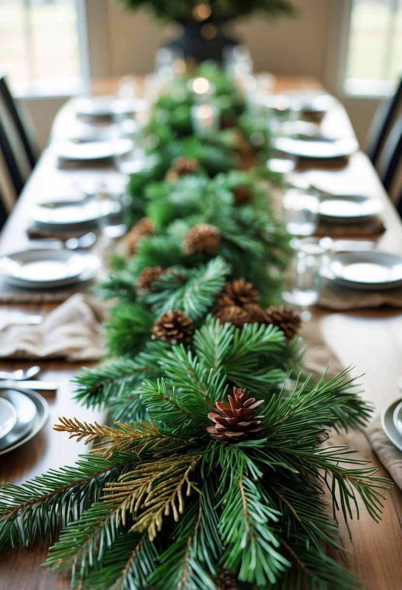 A dining table with a natural table runner made of fresh pine and cedar branches arranged along its center.