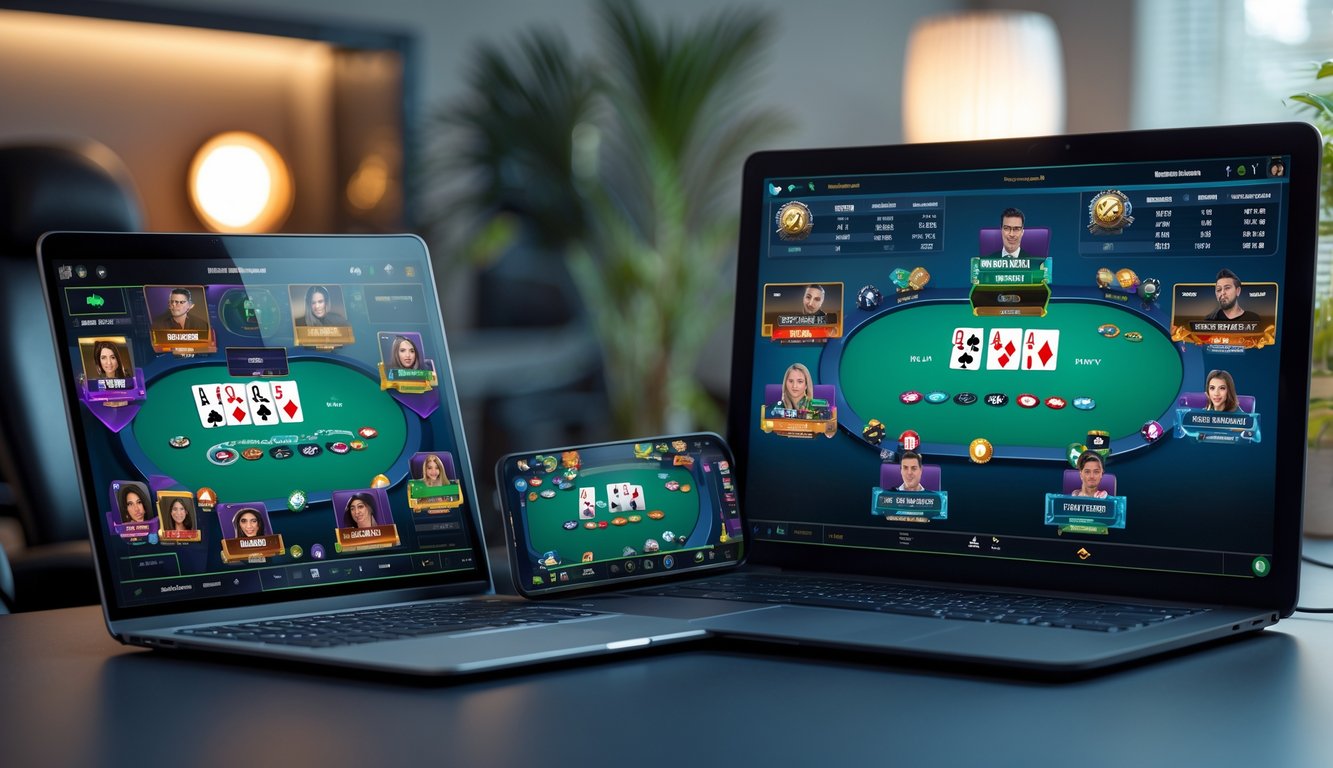 Orang bermain poker online dengan berbagai jenis permainan terlihat di layar beberapa perangkat digital di ruang rumah modern.