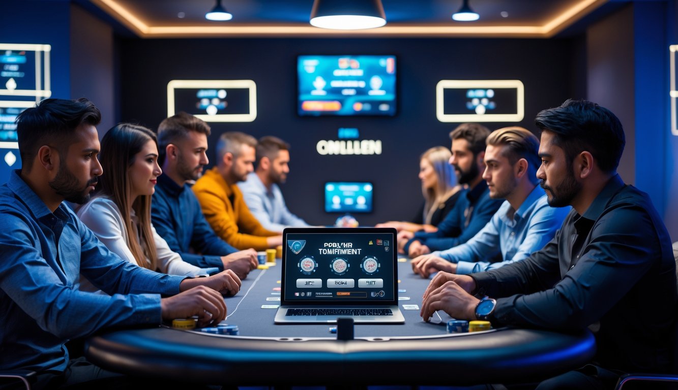 Sekelompok orang sedang bermain poker online dengan perangkat digital di meja poker modern.