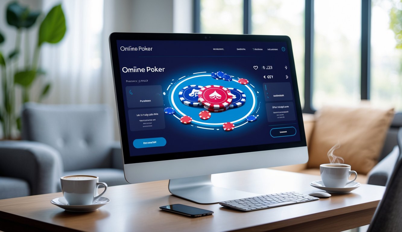 Seseorang bermain poker online di komputer di ruang kerja yang nyaman dan terang.