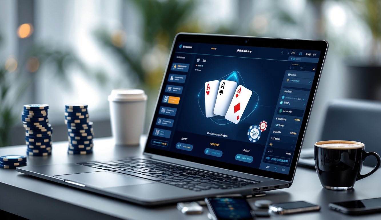 Seseorang sedang bermain poker online di depan komputer dengan kartu dan chip poker di meja.