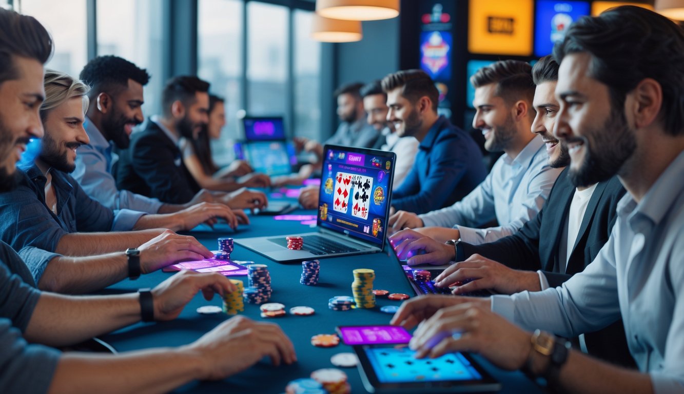 Beberapa orang bermain poker online dengan perangkat digital di ruangan yang terang dan modern.