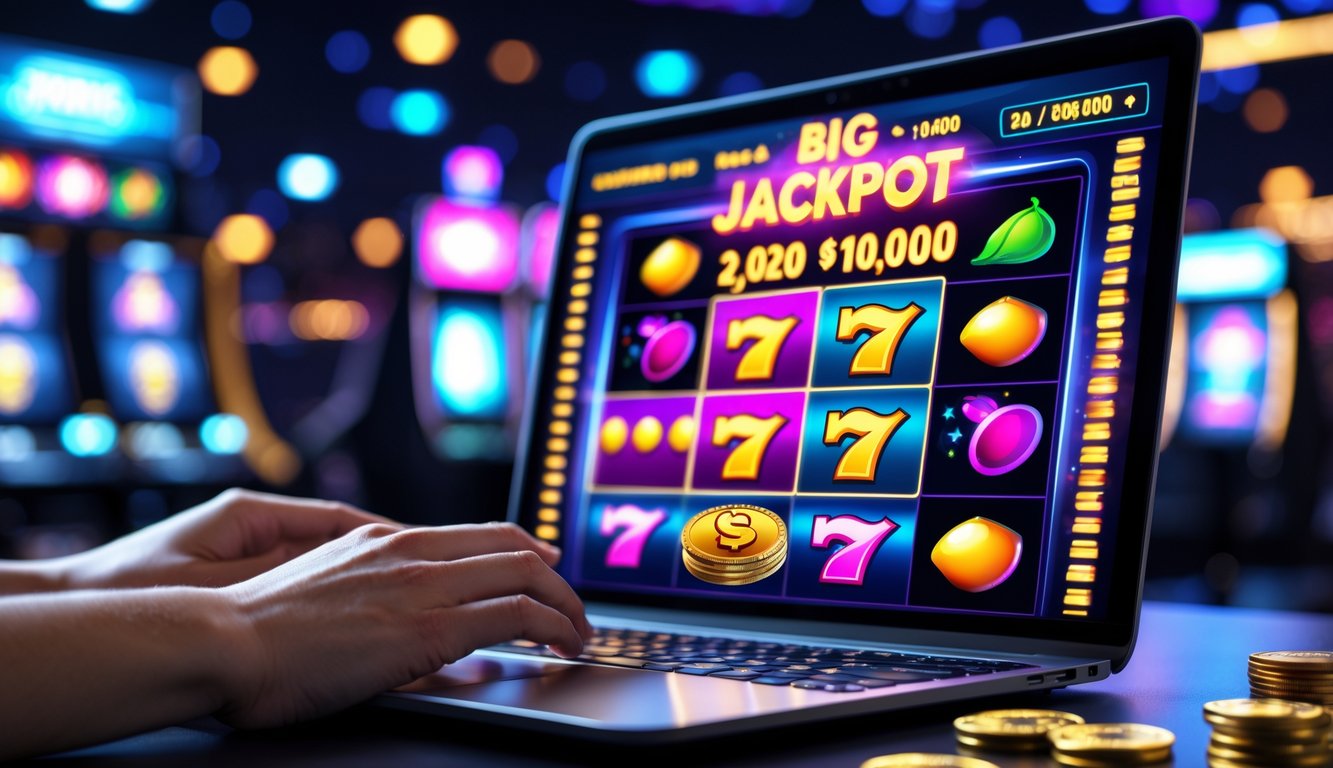 Layar laptop menampilkan permainan slot online dengan jackpot progresif besar dan tangan seseorang sedang menggunakan laptop.